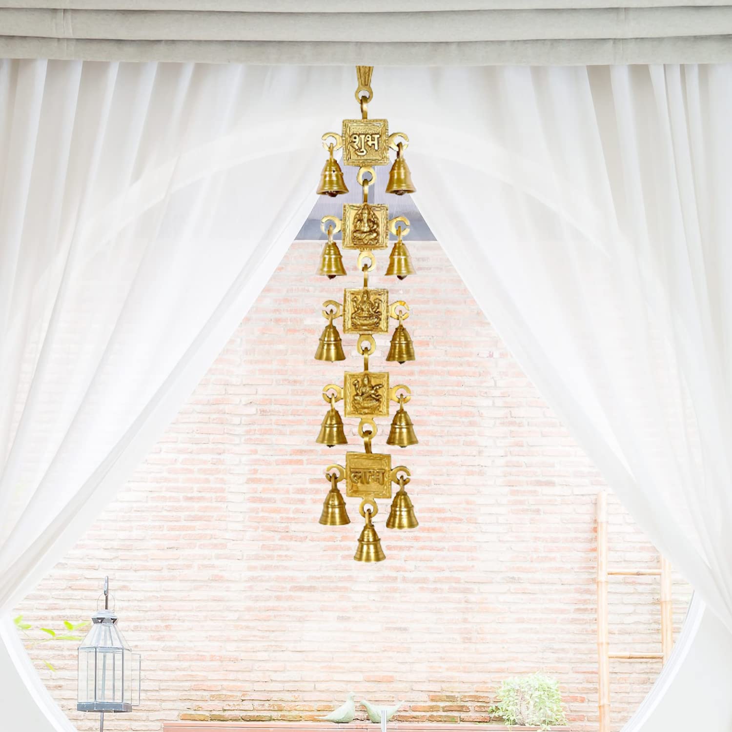 Crafthut Lakshmi, Ganesh, Shubh and Labh Brass Wall Hanging Bell (Gold, 18 x 4 Inch), Decorative Antique Showpiece for Home, Doo